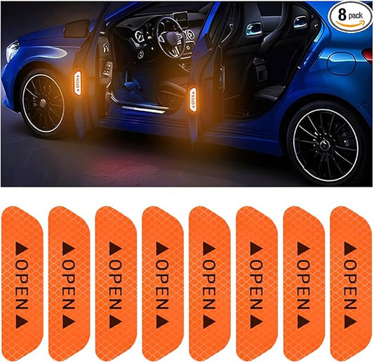 8PCS Reflective Open Warning Stickers for Car Door, Night Visibility Auto Safety Prompt Decals, Anti-Collision Protective Strip Tape, Car Accessories Universal for Truck, SUV, Van (Orange)