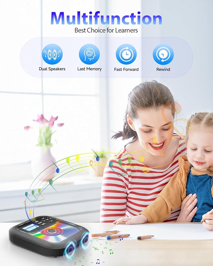 Portable-CD-Player with Bluetooth - Rechargeable with FM Transmitter, Dual Speakers, Headphones and AUX Use for Car Travel Home
