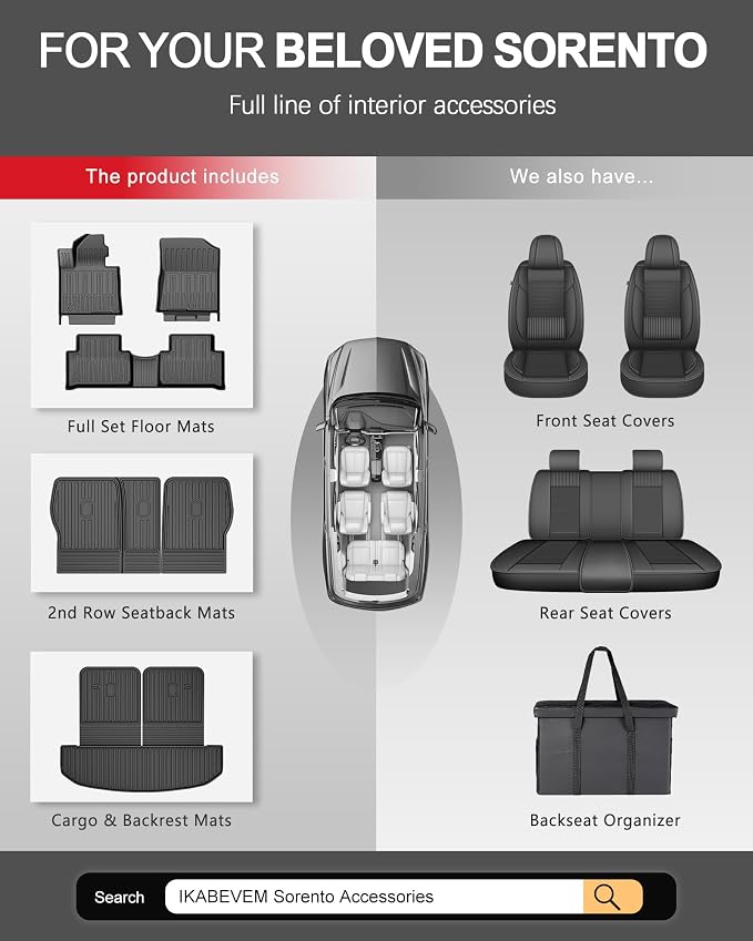IKABEVEM Floor Mats for 2021-2025 2026 Kia Sorento 6/7 Seats (NO Hybrid) - Custom Fit TPE Floor Liners Cargo Liner Backrest Mat 2nd Row Kick Mats All Weather Protector Sorento Accessories