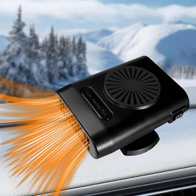 Car Heater Fan, 12V 200W Fast Heating and Cooling Fan Portable Windshield Defogger and Defroster Plug into Cigarette Lighter for Car RV SUV (Black Black)