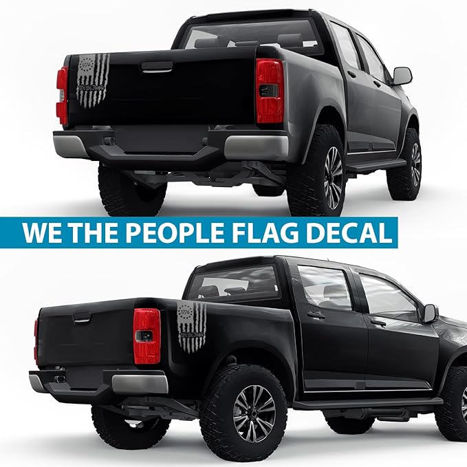 GRITKULTURE We The People Distressed American Flag Decal Vinyl for Trucks, Cars, Tailgate, Windows Preamble of The US Constitution fits Most Pickup Trucks-Rear USA Flag Car Sticker (Reflective Silver)