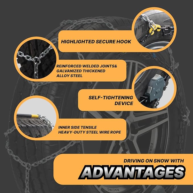 Auto Fixing Snow Chains for Car Tires, Tire Chains for Passenger Cars, Sedan, SUVs, Quick Fit & Easy Installation Snow Tire Chains, Portable Reusable Emergency Tire Traction Chain, Set of 2 (HPK-1545)