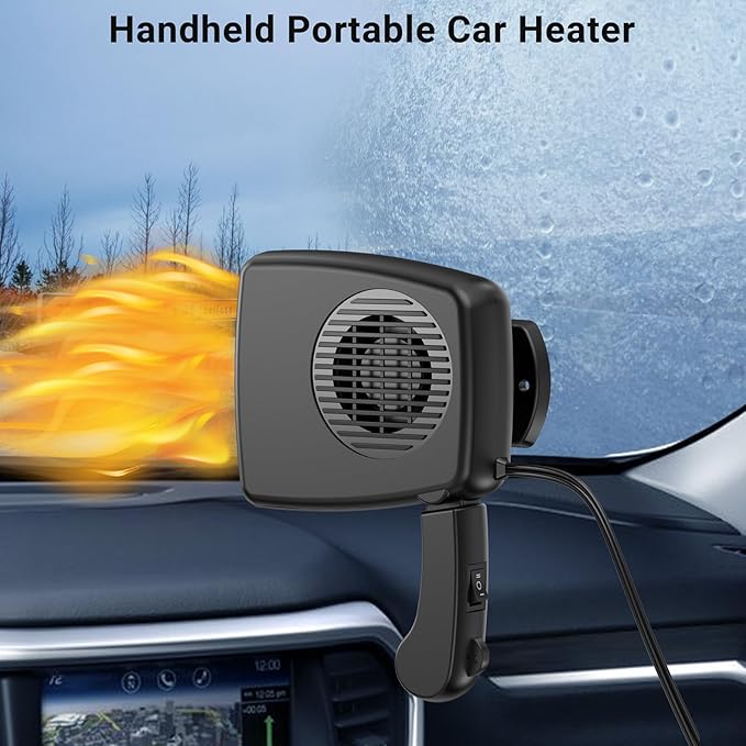 12V Car Heater, 200W Portable Windshield Defroster with Heating/Cooling Fan and Plug in Cigarette Lighter Fast Heating Defrost Defogger with Ergonomic Handheld Design for All Kinds of Cars