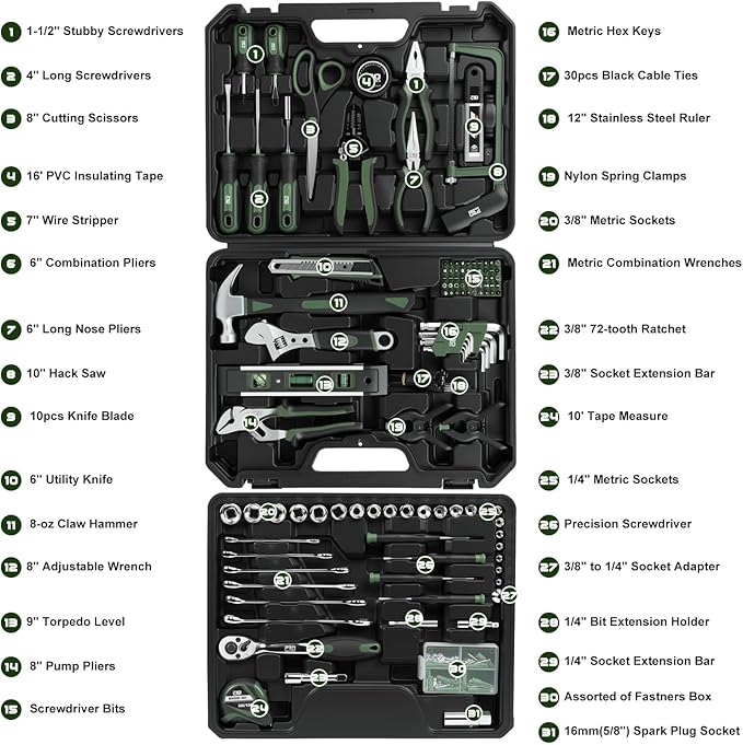 Prostormer 269-Piece Tool Set, Complete Tool Kit for Home, Auto and Mechanics Repair, General Household Hand Tool Box with Drawer for Men & Women (Green)