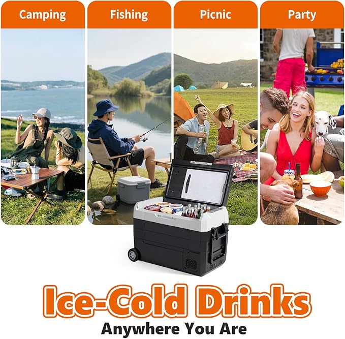 OLIXIS Portable Car Refrigerator, 42QT Dual-Zone Electric Cooler for Vehicles with Wheels & Cutting Board, -4℉-68℉ Freezer Smart Control via Bluetooth, Battery Protection, 12/24V DC & 100-240V AC