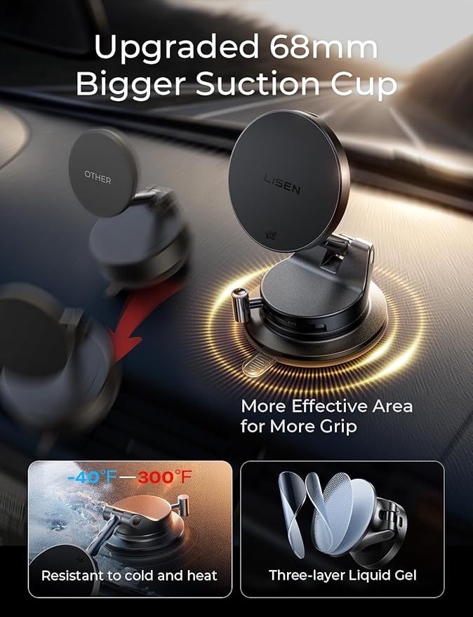 LISEN Qi2.2 25W MagSafe Car Mount Charger, Magnetic Wireless Car Charger with 54W Adapter, Magnetic Phone Holder for Car, iPhone Car Mount, Vacuum Suction Cup Phone Mount for iPhone 17 16 15 14 13 12