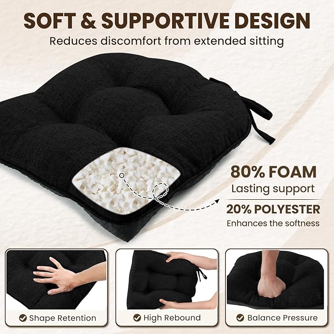 downluxe Indoor Chair Cushions for Dining Chairs, Tufted Overstuffed Textured Kitchen Chair Pads with Ties and Non-Slip Backing, 15.5" x 15.5" x 4", Black, 6 Pack