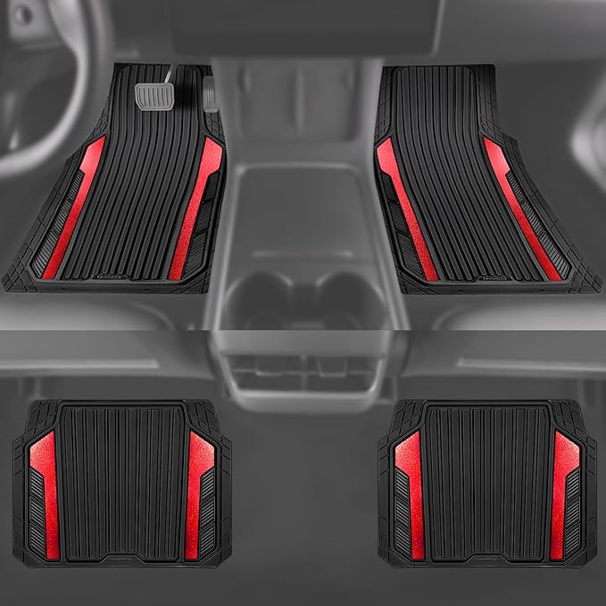 CAR PASS Heavy Duty Rubber Car Mats Metallic, Aluminum Film All Weather Floor Mats Waterproof Universal Trim to Fit Automotive SUV Sedan Van 4 Piece Anodized Deep Dish Two-Tone Sporty Black Red Chrome