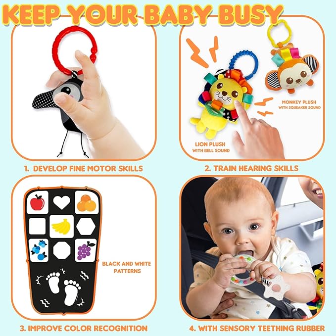 Baby Car Seat Animals Toys - Kick and Play Double Sided Infant Car Seat Toys with Plush Toys, Mirror, Teether for Baby, Babys Travel Activities, Christmas Birthday Gifts Newborn Infant Toys