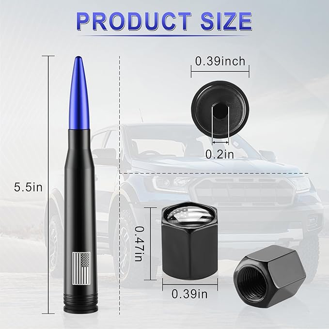 BJSIA American Flag Car Antenna for Truck with Valve Stem Caps - Universal Compatible with Ford, Dodge, Chevrolet, GMC, Jeep, Toyota Truck Car Accessories, Heavy Duty Pickup Trucks Accessories - Blue