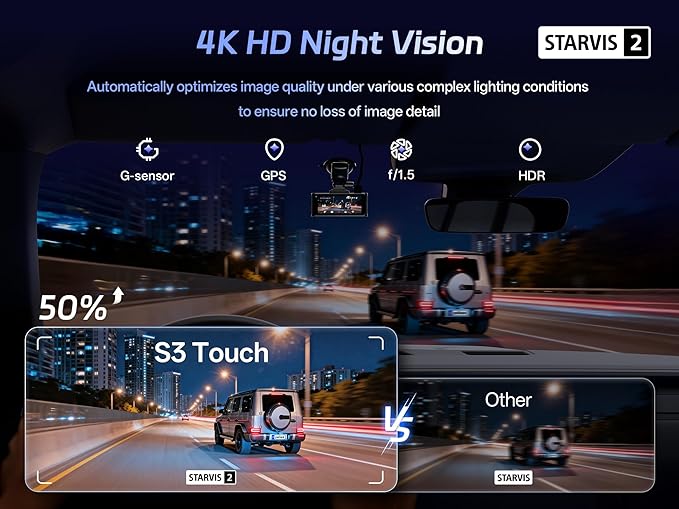 Pelsee S3 Touch 4K Dash Cam Front and Rear, STARVIS 2 Sensor, STARLIT™ Full Color Night Vision, 128GB Card, WiFi 6, ADAS, Dash Camera for Cars with 3.39"IPS Screen, Voice Control, 24H Parking Mode GPS