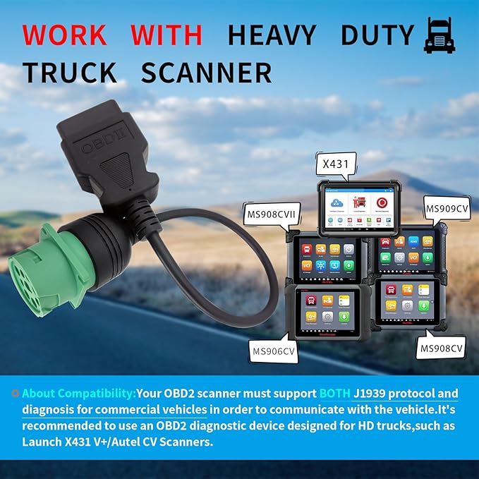 OBD2 to J1939 Green Type 2 Adapter Cable for Heavy Duty Trucks and Commercial Vehicles with 9 Pin to 16pin OBD II Truck Diagnostic Connector, Male