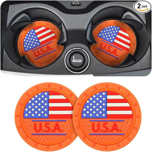 AUCELI 2 Pack Car Cup Holder Coasters, Colored American Flag US Flag Insert Car Cup Coaster, 2.75 Inch Anti Slip Shockproof Embedded Drink Mat, Vehicle Interior Decor Accessories