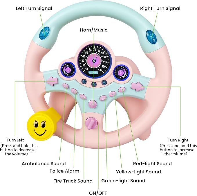 Kids Steering Wheel Toy for Car Backseat with Light and Music,Suction Cups Base-Interactive Simulated Driving Steering Wheel Toy for Toddlers Boys Girls,Pink