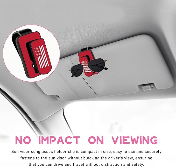 Ohleats Sunglasses Holder for Car Sun Visor, US Flag Metal Auto Eyeglass Hanger Clip, Multi-Function Ticket Card Clip Eyeglasses Mount, Truck Car Accessories for Men Women (Red)