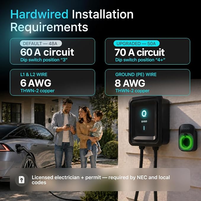 EVIQO Level 2 EV Charger, 48 Amp 240V, J1772 Charger for Non-Tesla EVs, 25ft Cable, WiFi (2.4GHz) Smart App, Weatherproof Indoor/Outdoor (IP66, NEMA 4), UL & ETL Certified, Hardwired, 11.5kW