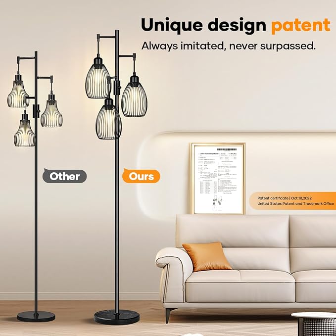 Dimmable Floor Lamp,3x800LM LED Bulbs Included, Farmhouse Industrial Floor Lamp Standing Tree Lamp with Teardrop Cage Head Tall Lamp for Living Room Bedroom Office Dining Room - Black & Marble Base