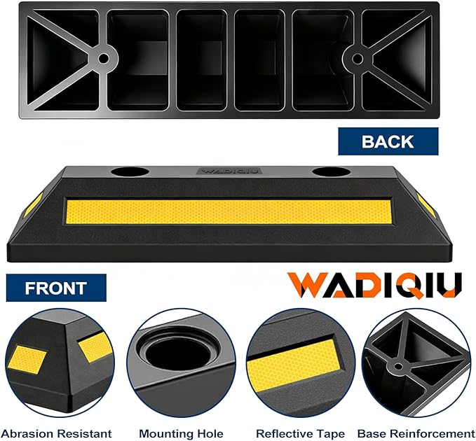 2-Pack Heavy Duty Rubber Parking Stoppers, Wheel Blocks with Reflective Stripes, Tire Stoppers for Garage, Truck, RV, Trailer, Van and Forklift, Car Parking Blocks for Garage Safety