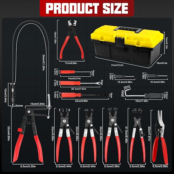 13PCS Hose Clamp Pliers Set, Long Reach Hose Clamp Kit with Box for Automotive Coolant Radiator Heater and Water Hose, with Flexible Wire Clic R Type Swivel Jaw Flat Band Pliers