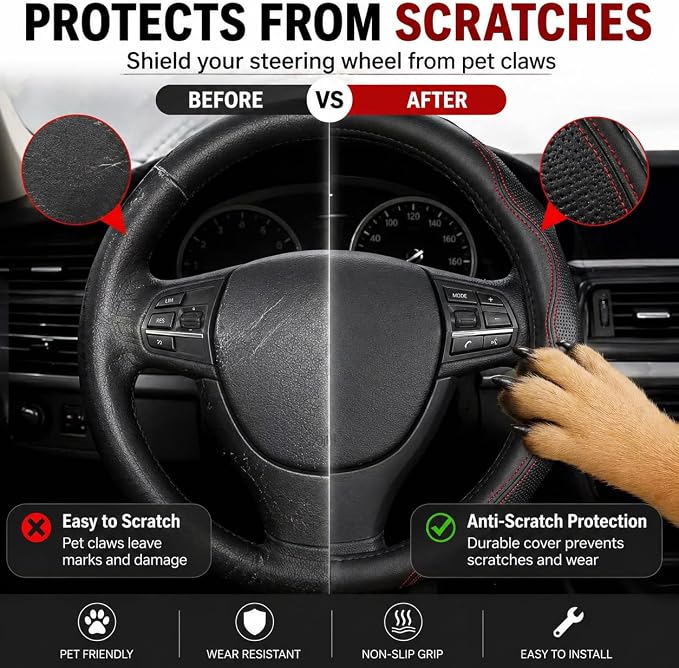 Premium Genuine Leather Steering Wheel Cover 15.5–16 Inch – Non-Slip Silicone Lining, Ergonomic Grip – Fits Ford F-150, RAM 1500, Silverado, Jeep & Trucks/SUVs