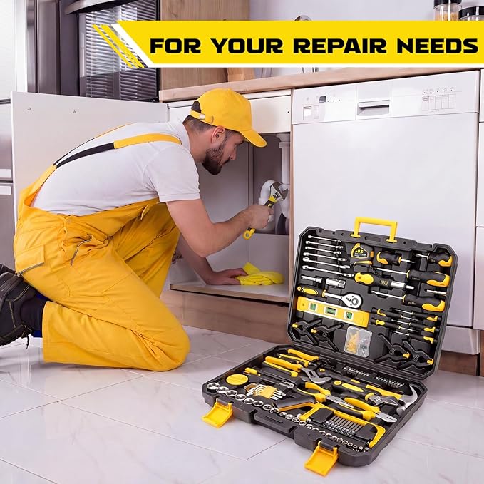 KELIN 155-Piece Household Hand Tool Set with Toolbox, Portable Home Repair Tool Kit for Garage, Car, DIY – Includes Ratcheting Screwdriver, Sockets, Pliers, Hammer, Level, Tape Measure & More