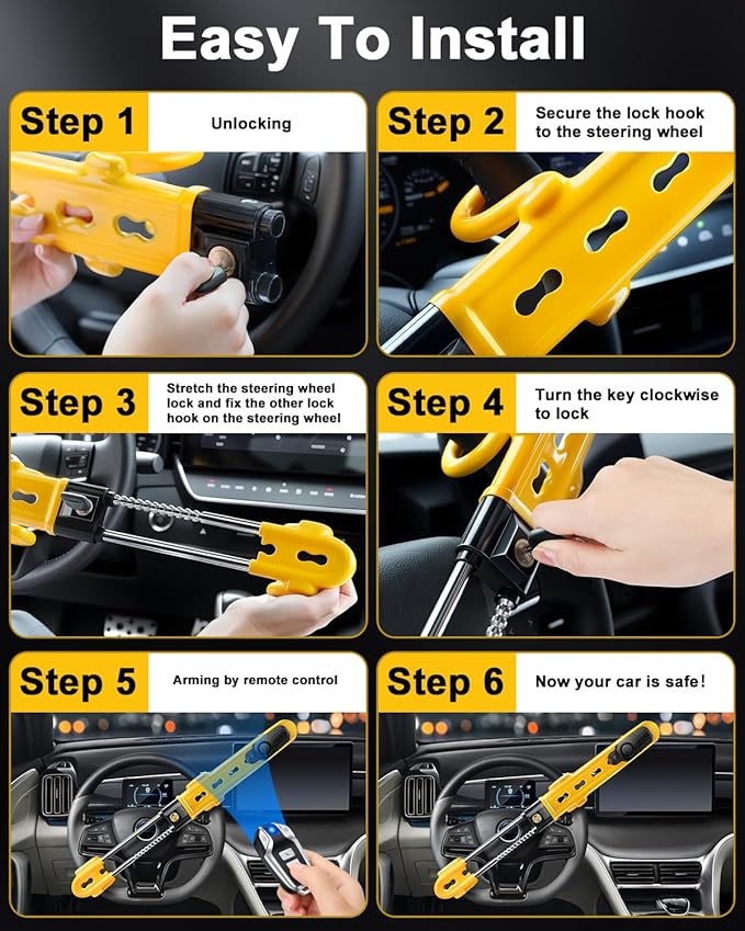 Steering Wheel Lock with 113dB Alarm, ELECTOP Heavy Duty Anti-Theft Car Device Car Wheel Lock with Adjustable Locking and 2 Keys, Car Security Lock Car Alarm System for Auto Truck Van SUV