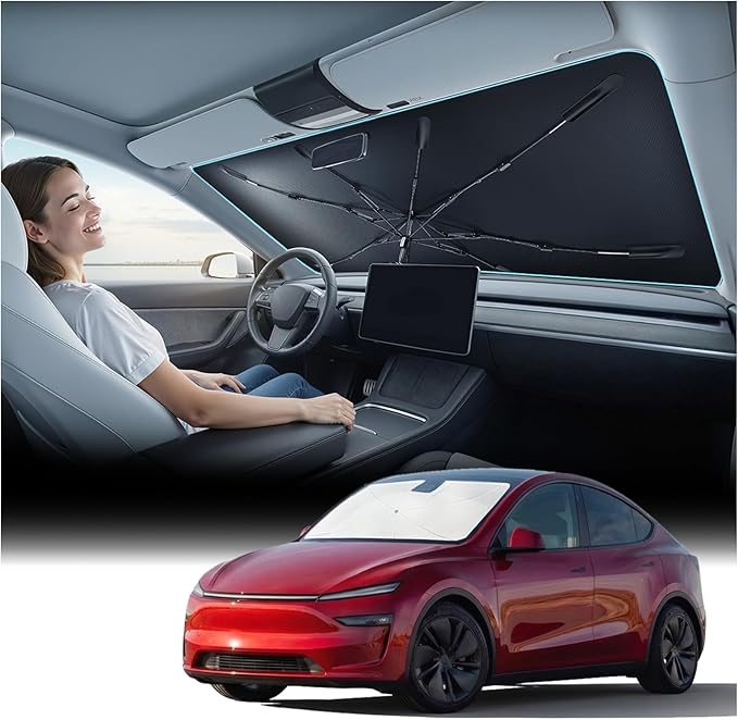 Nmoiss Windshield Sun Shade Umbrella for Tesla - [Vinyl Coating Heat Shield] Protect Car from Sun Rays & Heat Damage Keep Cool and Protect Interior, Spring Structure Edge