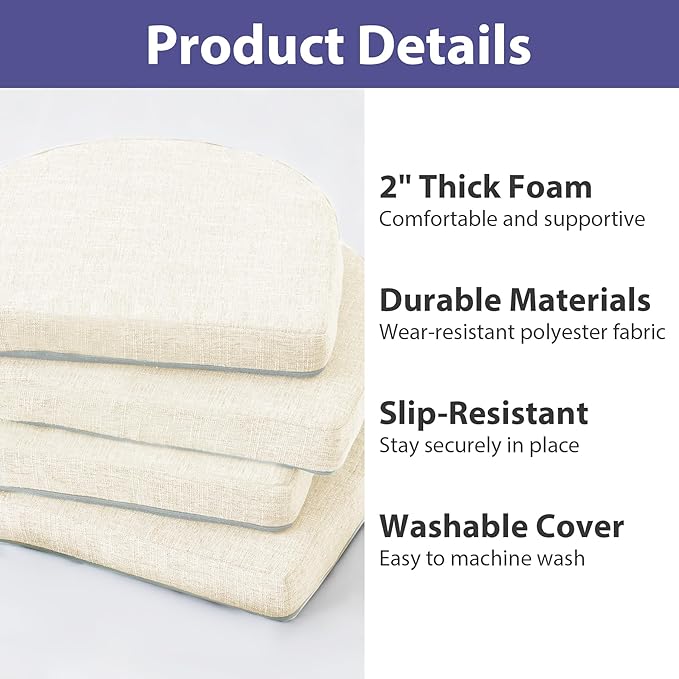 IPYNBAP Chair Cushions for Dining Chairs, Kitchen Chair Cushions, 16'' x 16'' x 2'', Non Slip Indoor Seat Cushions, Chair Pads for Dining Chairs with Ties & Removable Cover, Set of 6, Beige