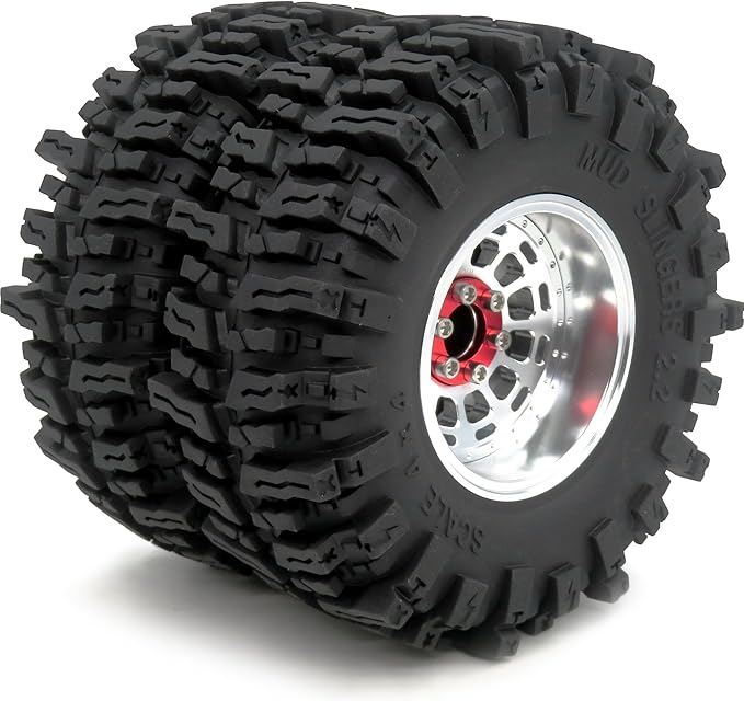 HOBBYSOUL RC 2.2 Beadlock wheels and tires, 124mm Tall 2.2 Mud Slingers Tires & Adjustable Offset 2.2 Wheels Rims Silver For RC Mud Crawler Trail Gen8 Everest 10 Axial Capra Wraith, (4-Pack)