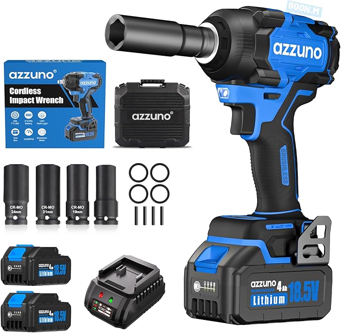 AZZUNO Brushless 1/2 inch Electric Cordless Impact Wrench, 800N.m (590 Ft-lbs), High Torque Electric Wrench, 2x 4.0Ah Battery, Charger & 4 CR-V Sockets, Tool Case