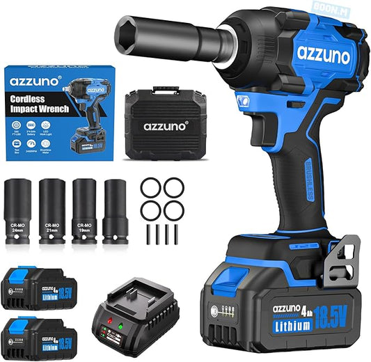 AZZUNO Brushless 1/2 inch Electric Cordless Impact Wrench, 800N.m (590 Ft-lbs), High Torque Electric Wrench, 2x 4.0Ah Battery, Charger & 4 CR-V Sockets, Tool Case