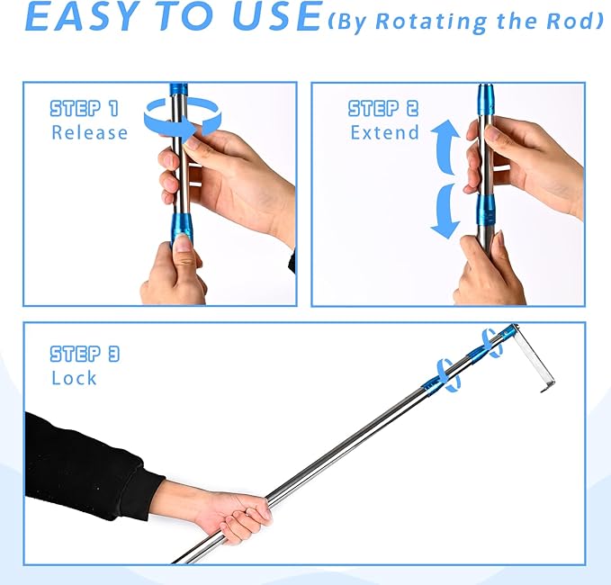 Kojcijs 6.3 Ft Truck Cargo Grabber Reach Retriever Tool with Two Hooks, Pickup Truck Bed Heavy Duty Truck Accessories Telescoping Pole