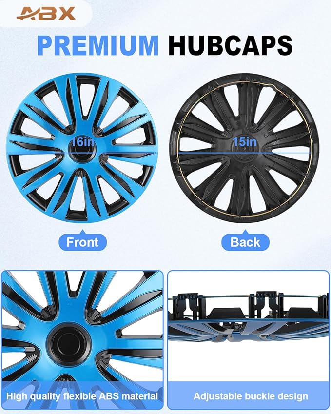 ABX Hubcap Wheel Covers Hub Caps 16 Inch Set of 4 Black & Blue Universal Wheel Rim Cover R16 Stylish Car Decor Wheel Covers