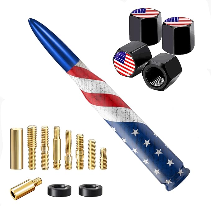 Car Truck Bullet Antenna with Valve Stem Caps, Universal Antenna Mast for GM Chevy Silverado 1500 2500 3500 HD Avalanche Ford F150 F250 F350 Heavy Duty Pickup Jeep Accessories (Blue)-American Flag