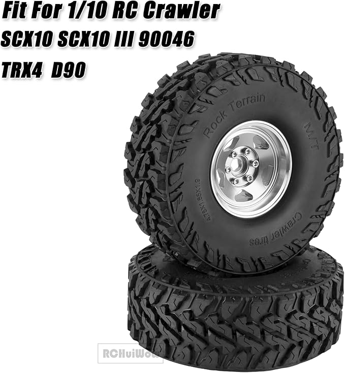 RC Alloy 1.9" Beadlock Wheels and Tires for 1/10 RC Crawler TRX4 SCX10 SCX10 III 90046 D90,1.9 RC Wheels and Tires 1.9 Beadlock Tires RC Rims,4 Packs,Silver