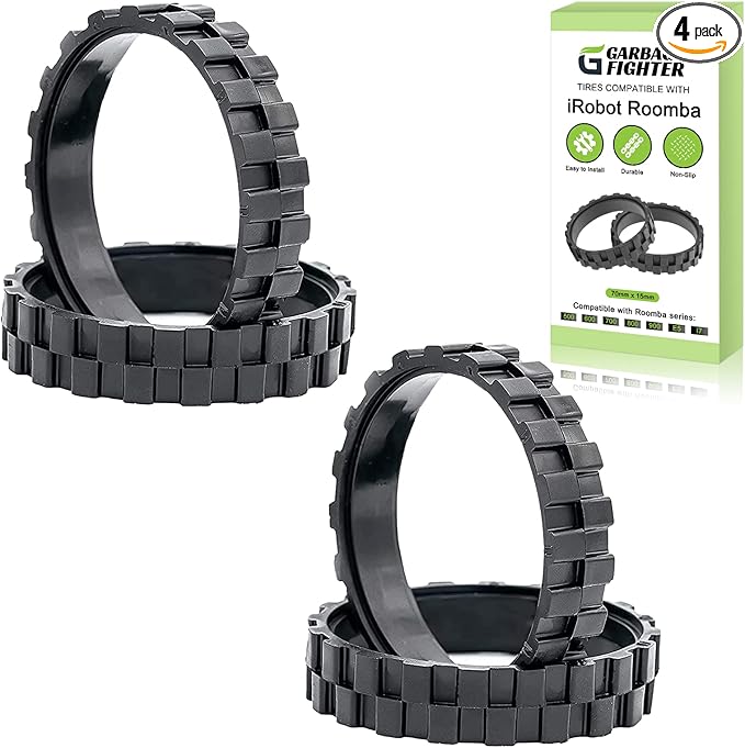 Garbage fighter Tires for IROBOT ROOMBA Wheels Series 500, 600, 700, 800 and 900, e5, e6, i7,Anti-Slip, Great Adhesion and Easy Assembly, Wheel Replacement for All roomba Models (Black 4 Pack)