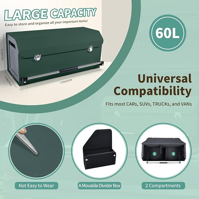 Car Trunk Organizer, Leather Trunk Organizer with Lid and Push-pull Handle Car Trunk Storage Box for SUV, Minivan, Truck, Sedan (Green, 27.1 x 11.4 x 12.2in)