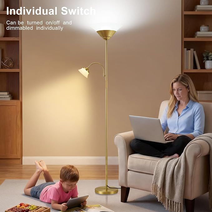 SIBRILLE 2-in-1 Torchiere Floor Lamp, 34W Super Bright LED Standing Lamp with Remote & Touch Control, 72" Dimmable Adjustable Corner Reading Lamp for Living Room, Bedroom, Office, Gold
