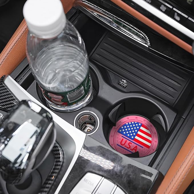AUCELI 4 Pack Car Cup Holder Coasters, Colored American Flag US Flag Insert Car Cup Coaster, 2.75 Inch Anti Slip Shockproof Embedded Drink Mat, Vehicle Interior Decor Accessories
