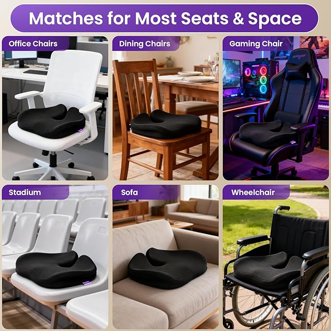 ZZ-WELL Seat Cushions for Office Chairs, Car Seat - Patented Coccyx Cushion for Tailbone Pain - Memory Foam Butt Cushion for Pressure Relief - Carry Handle & Non Slip Bottom (Black)