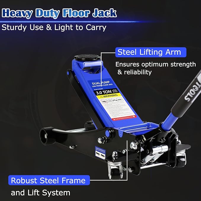 3 Ton Low Profile Floor Jack, Professional Low Profile Hydraulic Jack, Heavy Duty Steel Racing Floor Jack with Dual Piston Quick Lift Pump, 3 Ton (6,600 lb) Capacity, Lift Range 3.3"-18.5"
