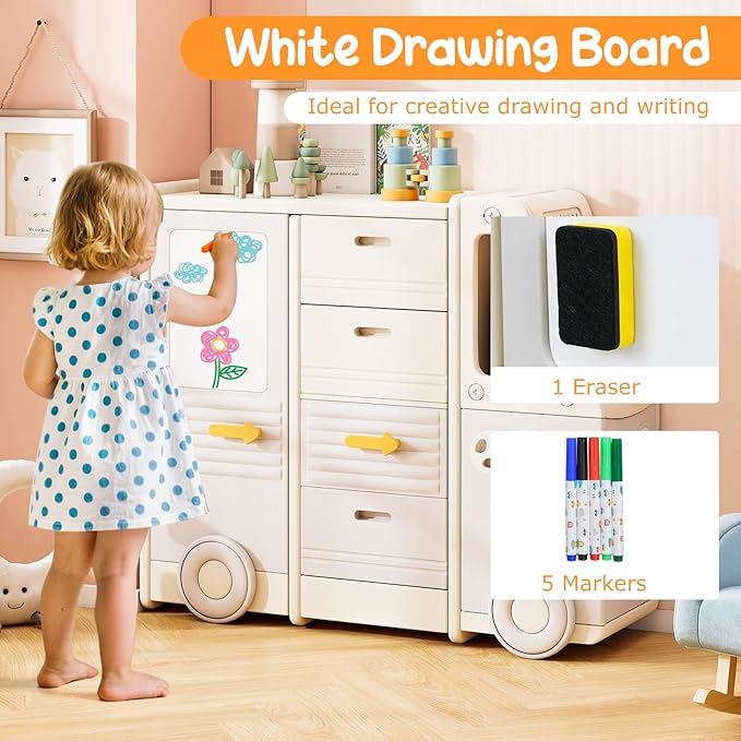 Costzon Kids Toy Storage Organizer, Toy Shelf w/ 4 Pull-Out Drawers, Enclosed Cabinets & Drawing Board, Car-Shaped Kids Bookshelf for Playroom, Toddler Room, Classroom & Nursery