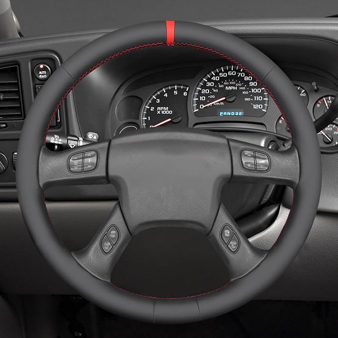 MEWANT Hand Stitched Steering Wheel Cover for Chevy Silverado 1500 2003-2006 Black Smooth Real Leather Steering Wrap
