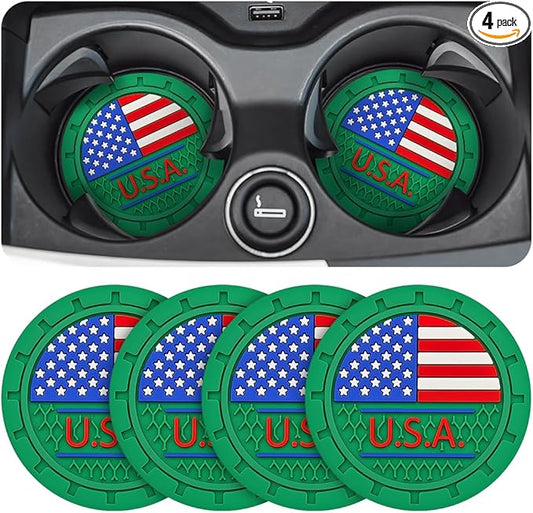 AUCELI 4 Pack Car Cup Holder Coasters, Colored American Flag US Flag Insert Car Cup Coaster, 2.75 Inch Anti Slip Shockproof Embedded Drink Mat, Vehicle Interior Decor Accessories