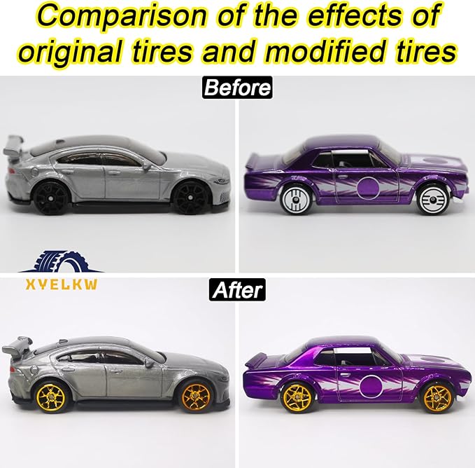 1/64 Wheels and Tires Set, 10-Pack 1 64 Scale Wheels with 10 for 1/64 Diecast Cars Upgraded and Modified Rubber Tires(Diameter 0.43in/11mm) (Gold Plated)