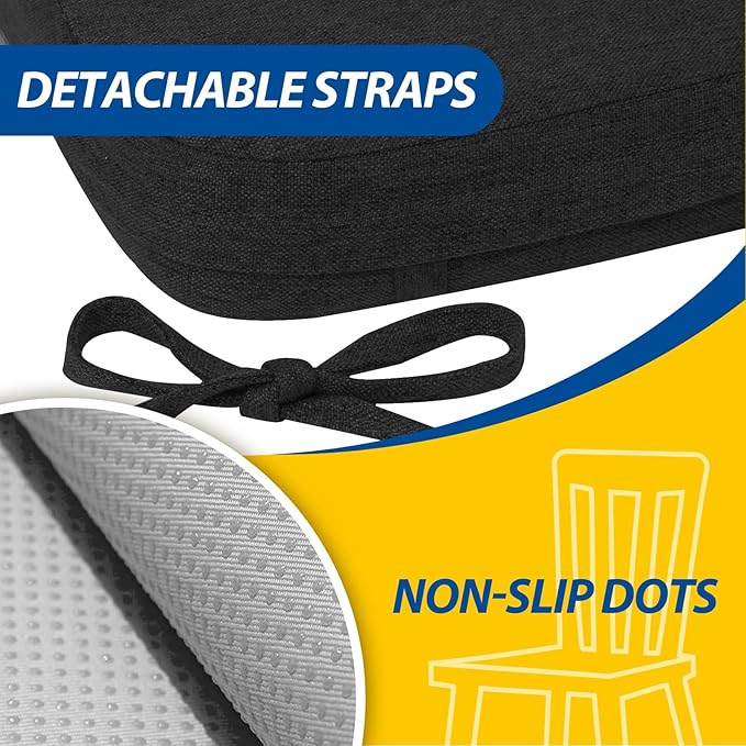 AAAAAcessories D-Shaped Chair Cushions, 2" Thick Dining Chair Pads with Ties and Removable, Machine-Washable Cover, 17" x 16", Set of 4, Black