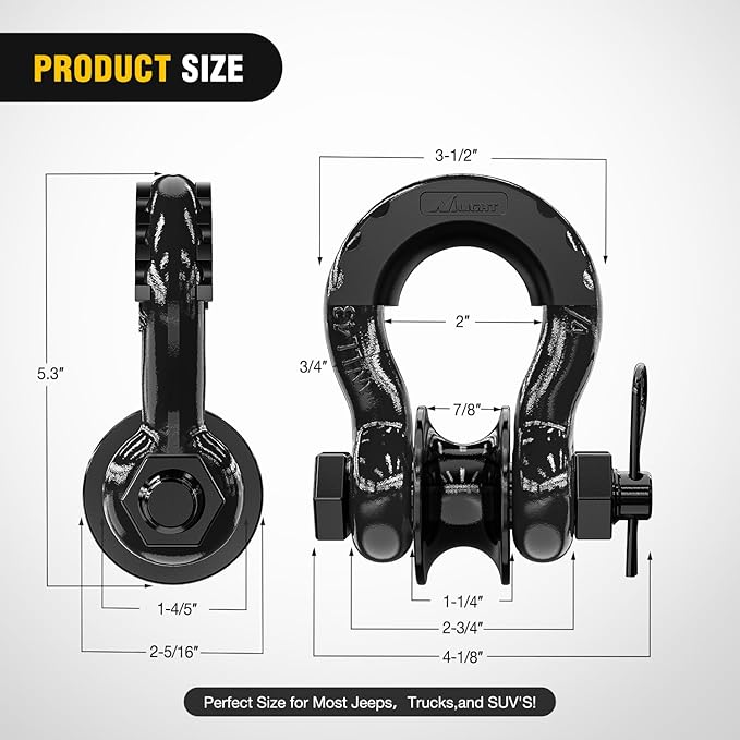 Nilight 3/4" D-Ring Shackle w/Snatch Block (2 Pack) 9,500 lb Working Load, 2-in-1 Heavy‑Duty Towing Pulley w/Isolator for Off‑Road Recovery, Winch Cable & Rope, Truck Jeep ATV UTV Tractor, Black