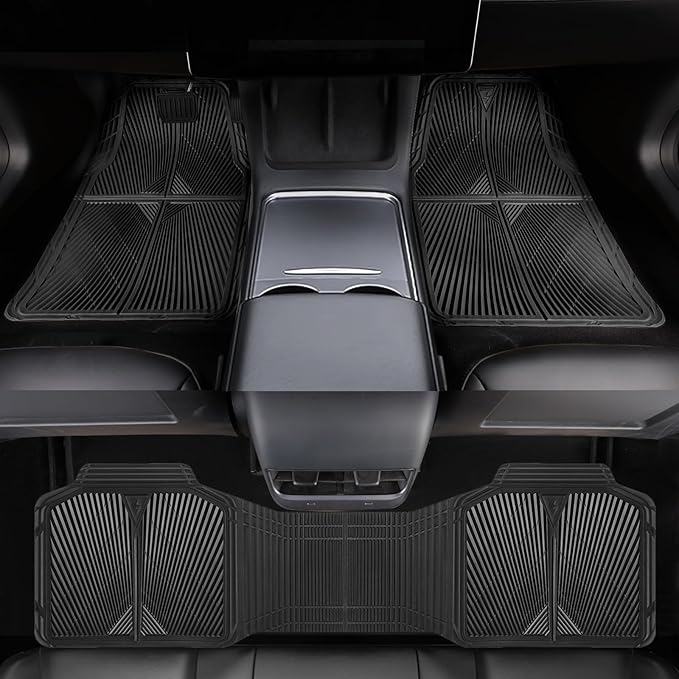 CAR PASS Rubber Floor Mats, All Weather Waterproof Trim-to-Fit Automotive Mats for Cars Trucks SUV, Anti-Slip Easy Clean, Heavy Duty Full Set 3-Piece, All Black