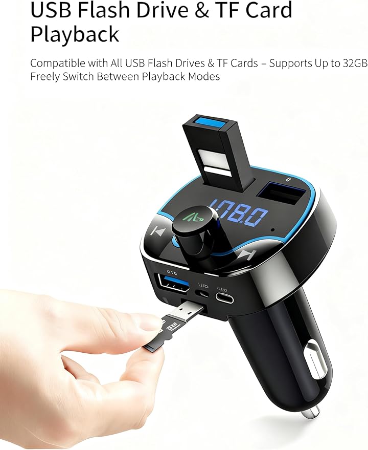 Bluetooth FM Transmitter Car Adapter with LED Voltage Display, Hands-Free Calling, Dual USB Car Charger, Supports MP3, Radio, TF Card, USB Disk Playback