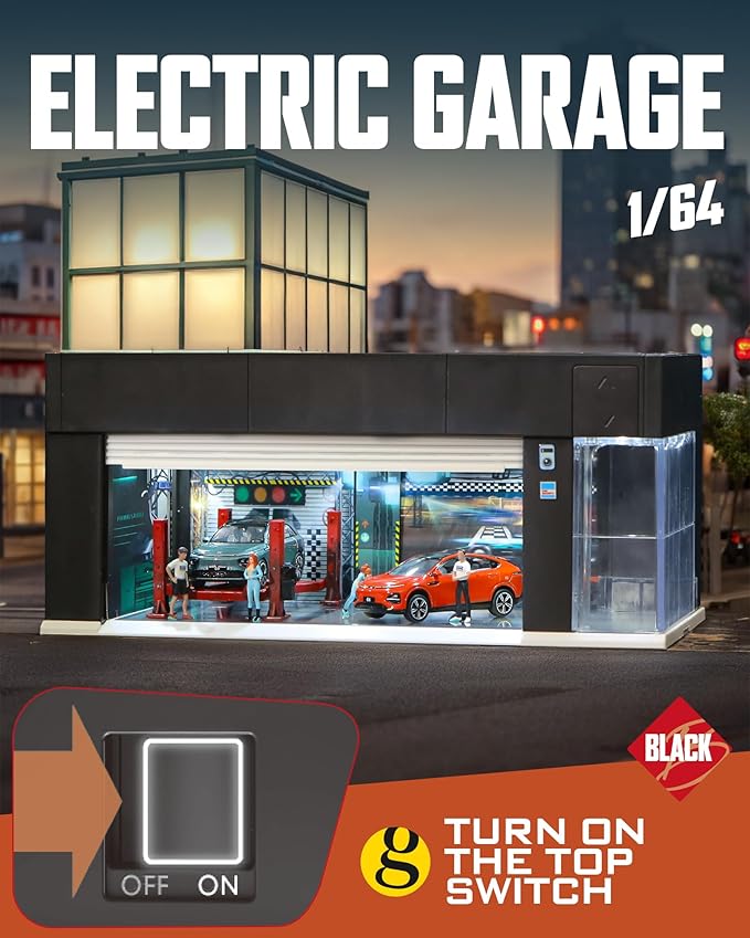 1/64 Scale Diecast Display Case for Hot Wheel Storage with LED Lights, Stackable Electric Garage with Voice Control, 3 Replaceable 3D Scenes Parking Lot Diorama for Model Cars (Black)